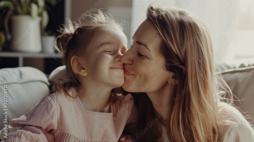 A mother lovingly kisses her daughter’s cheek as the little girl giggles in delight, capturing a tender moment of maternal love. A mother lovingly kisses her daughter’s cheek as the little girl giggles in delight, capturing a tender moment of maternal love.