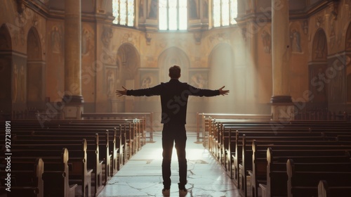 A solitary figure stands with arms outstretched in a grand, sunlit cathedral, basking in the divine ambiance and architectural splendor. photo