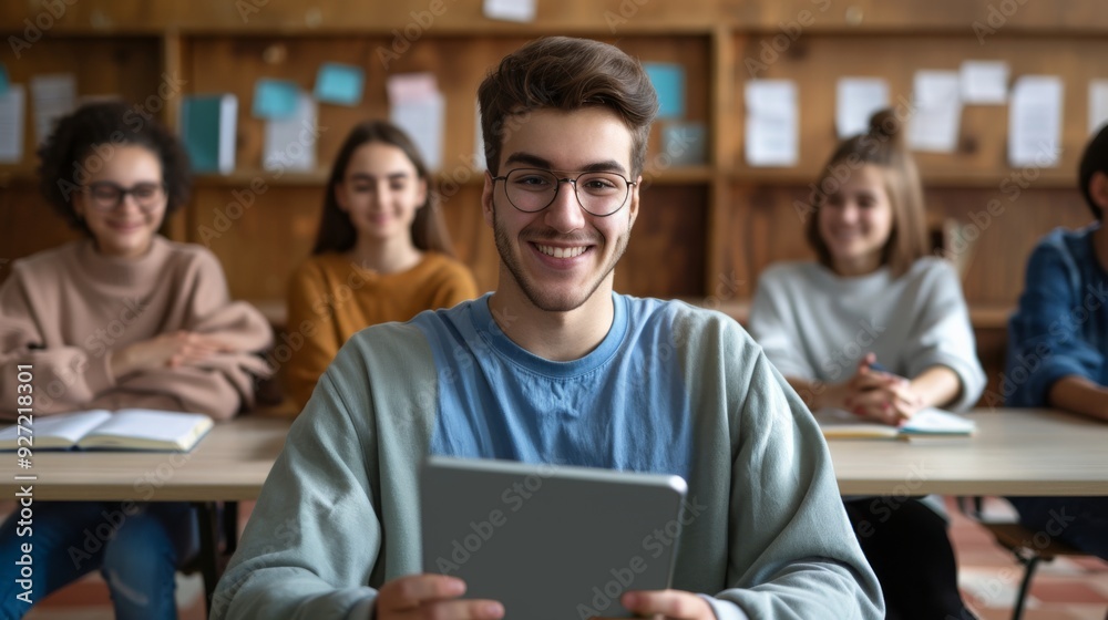 A young man in glasses, holding a tablet, sits at the front of a classroom, smiling broadly with peers attentively following a lesson behind. A young man in glasses, holding a tablet, sits at the front of a classroom, smiling broadly with peers attentively following a lesson behind.