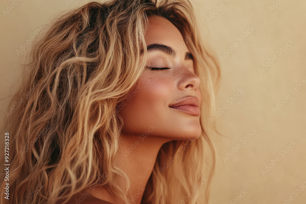 A close up of a woman's face with her eyes closed and long blond hair A close up of a woman's face with her eyes closed and long blond hair