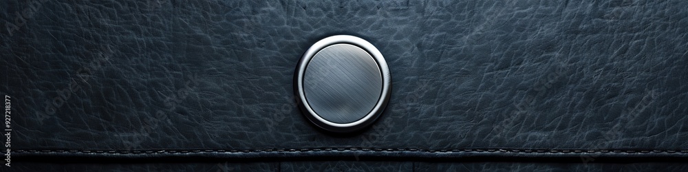 A close-up of a textured black surface with a circular metallic button in the center. A close-up of a textured black surface with a circular metallic button in the center.