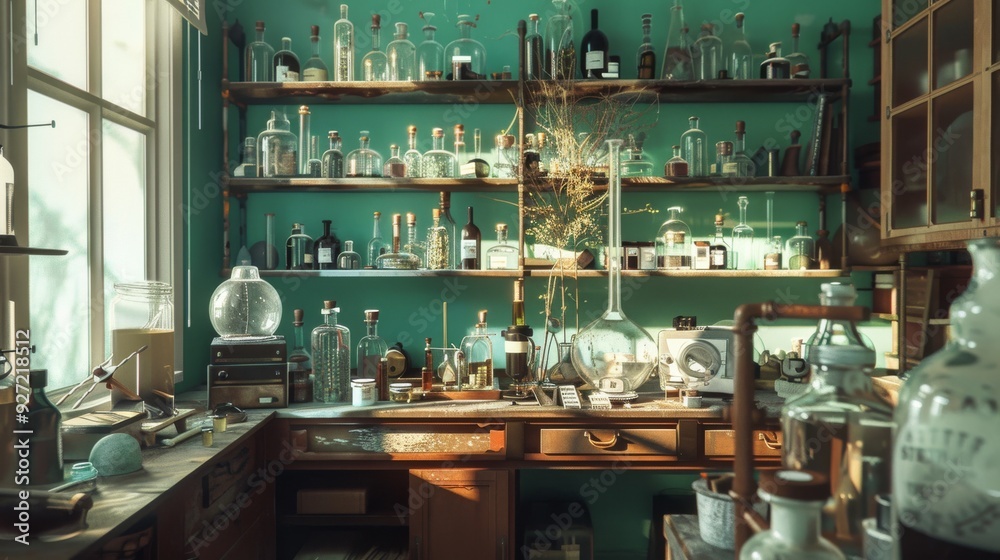 A meticulously arranged chemistry lab brimming with various scientific equipment and glassware, lit by natural daylight.