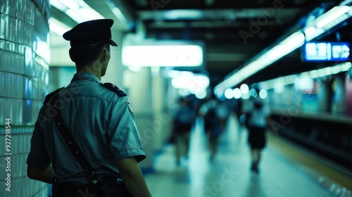 Security officer monitoring a busy subway platform, ensuring passenger safety and security during peak commuting hours.