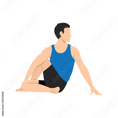 Man doing half lord of the fishes ardha matsyendrasana exercise. Flat vector illustration isolated on white background