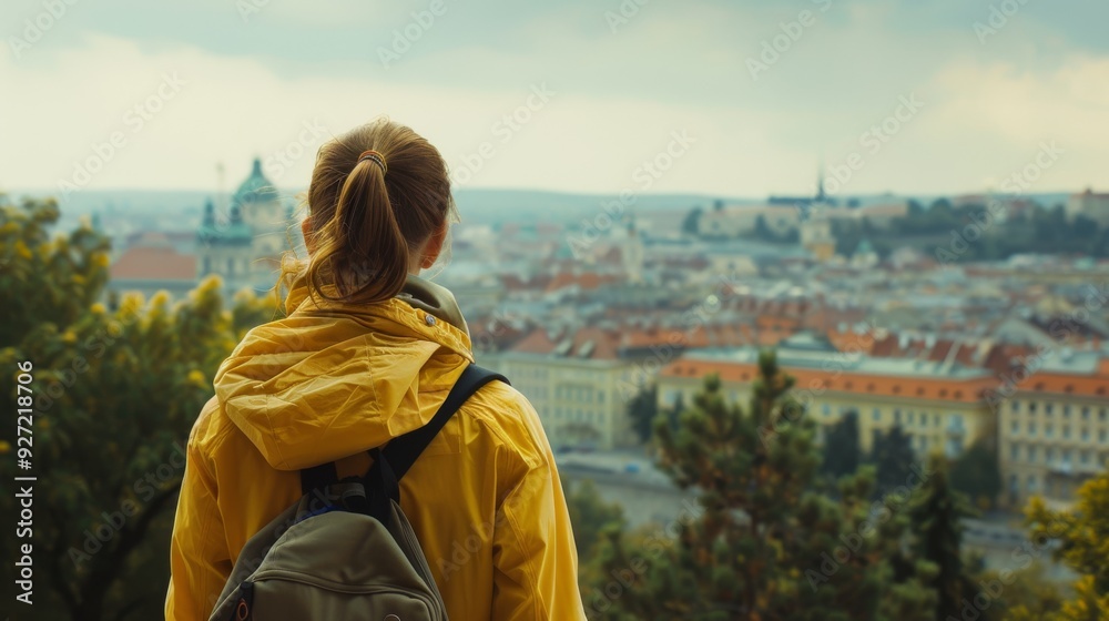 A woman stands overlooking a cityscape in the distance, wearing a yellow jacket, with a scenic view of the town beneath a cloudy sky. A woman stands overlooking a cityscape in the distance, wearing a yellow jacket, with a scenic view of the town beneath a cloudy sky.