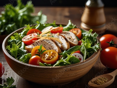 Fresh Chicken Salad with Mixed Greens and Colorful Tomatoes