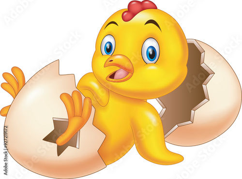 Cute yellow baby duck on egg, animal vector design