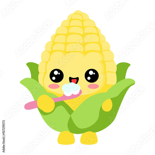 Cute Corn Character Brushing Teeth Illustration