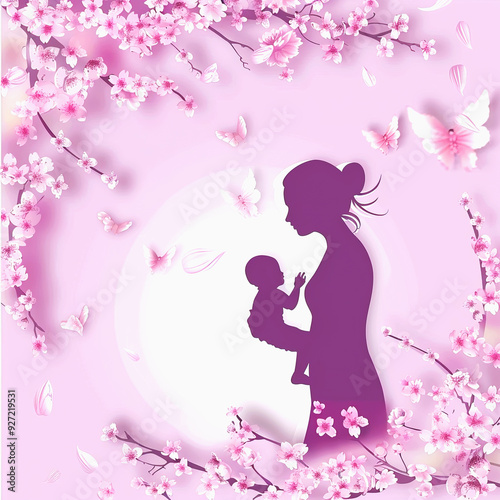 Mother Holding Child Silhouetted Against Pink Blossoms