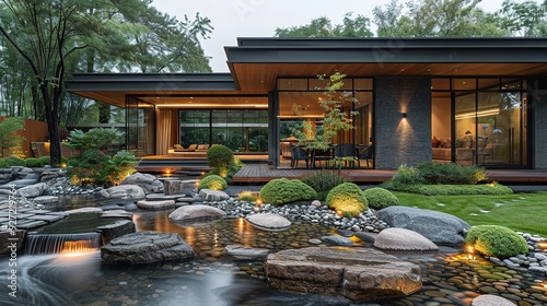 Modern house with a zen garden featuring a pond and waterfall.