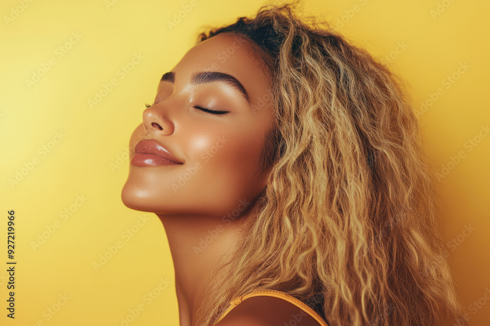 A close up of a woman's face with her eyes closed and long blond hair A close up of a woman's face with her eyes closed and long blond hair