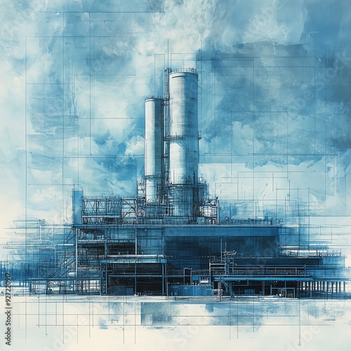 Artistic blueprint of a factory within a contemporary city, highlighting the contrast between industrial and urban elements Cityscape Contemporary Factory, Industrialurban contrast photo