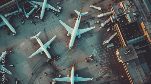 Aerial view of a bustling airport with several airplanes lined up at terminals, showcasing the excitement and complexity of travel. photo