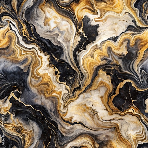 Black, gold and white liquid marble wallpaper in seamless pattern