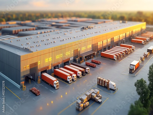 Artistic rendering of a logistics hub, showcasing the assembly of infrastructure in a systematic, patterned layout Infrastructure Pattern Assembly, Logistics hub design