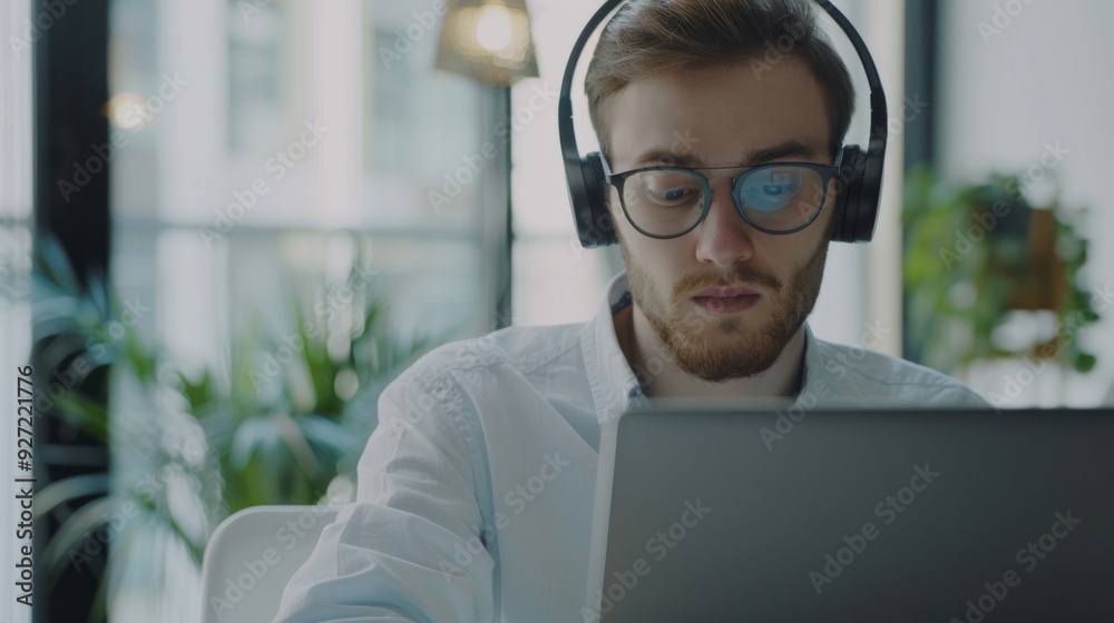 A focused young professional wears headphones while working on a laptop in a modern, well-lit office setting. A focused young professional wears headphones while working on a laptop in a modern, well-lit office setting.