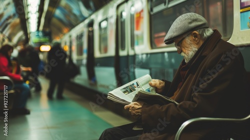 An elderly man, wearing a hat and coat, reads a newspaper while sitting on a bench in a busy subway station.
