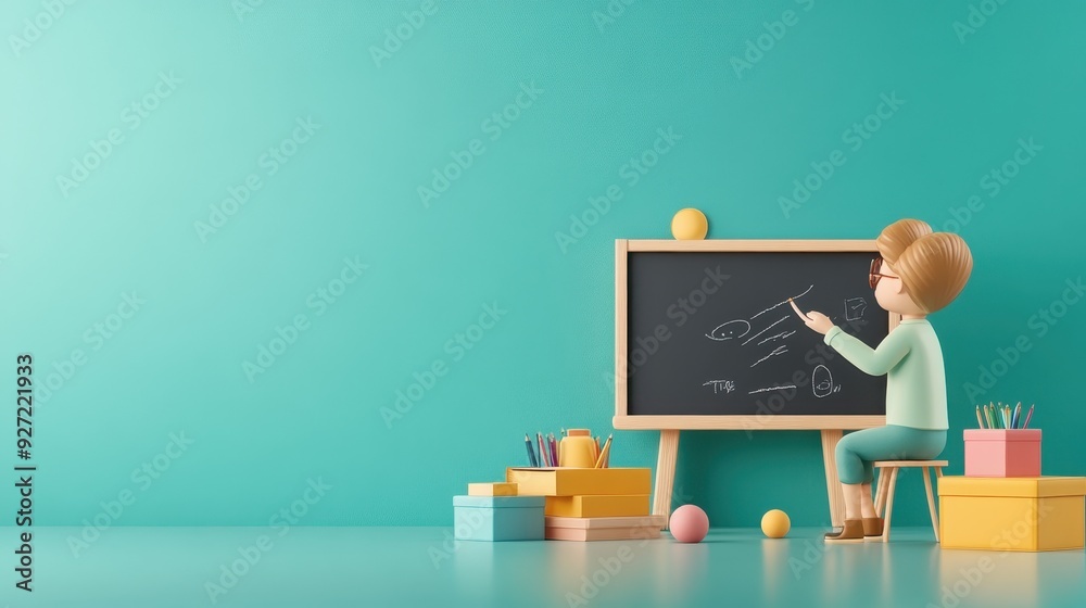 Engaging Teacher at Blackboard: Educational Concept Explanation in 3D Illustration Engaging Teacher at Blackboard: Educational Concept Explanation in 3D Illustration