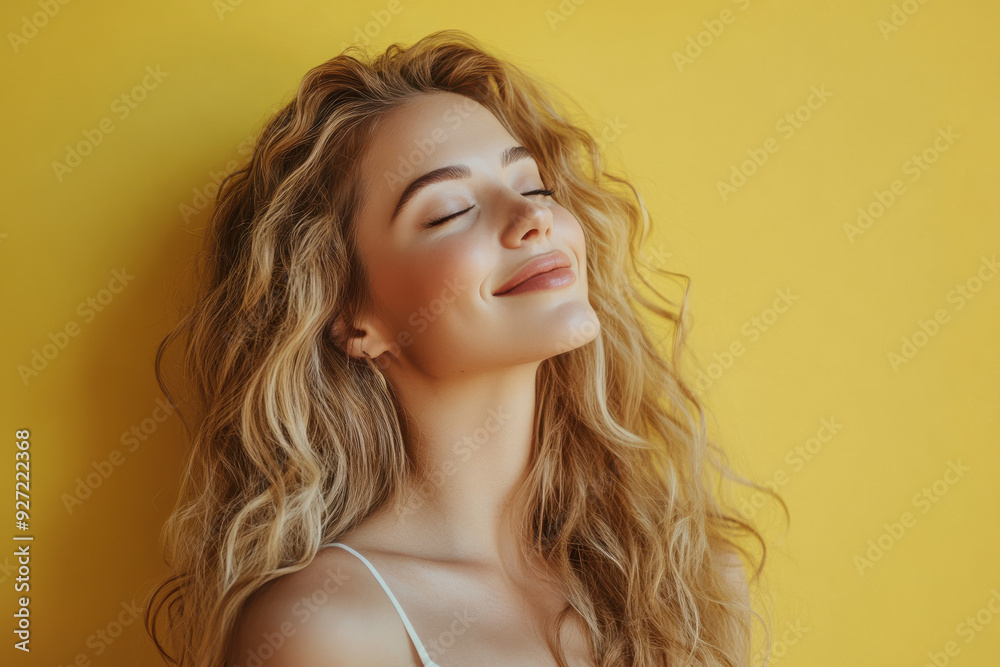 A close up of a woman's face with her eyes closed and long blond hair A close up of a woman's face with her eyes closed and long blond hair