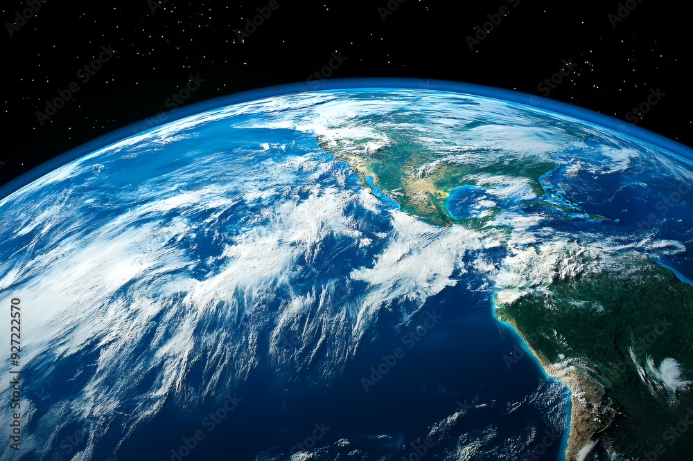 Fototapeta premium Planet Earth showing North America and clouds against the dark void of space.