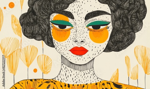 Illustration of a sassy girl, hand drawn, colourful art, drama queen, painted woman, graphic design background, drawing, watercolour, animal print, pink cheeks, art deco, red lips, close up, fashion
