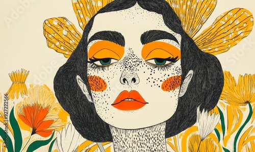 illustration of a French girl, hand drawn portrait, floral art, drama queen, painted woman, graphic design background, drawing, watercolour, pink cheeks, art deco, red lips, close up, fashion, 