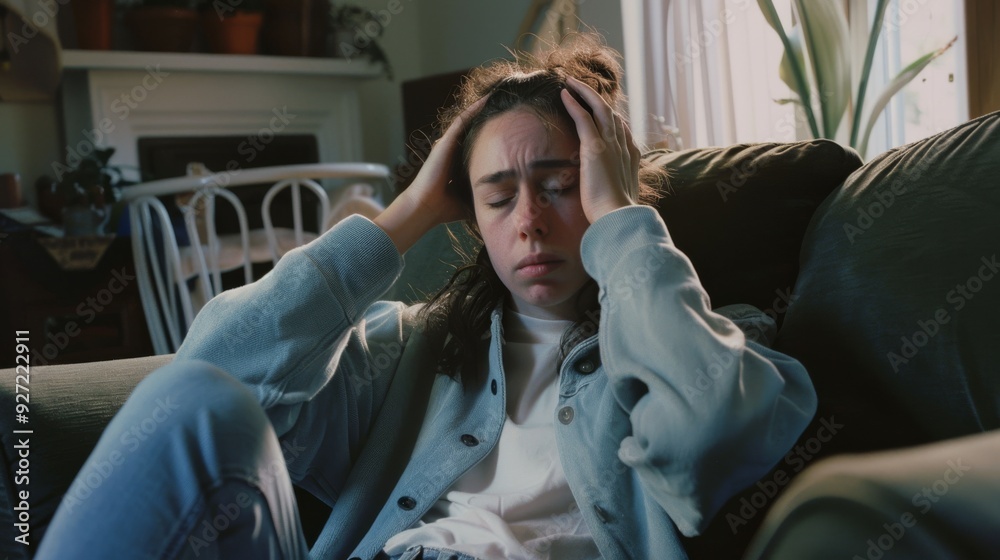 A young woman sits with her head in her hands, expressing stress and a need for comfort in a quiet setting. A young woman sits with her head in her hands, expressing stress and a need for comfort in a quiet setting.