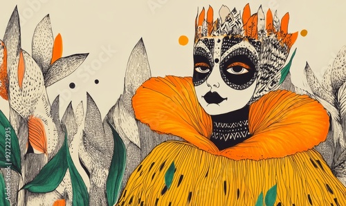 Illustration of an abstract queen, hand drawn, colourful art, drama, painted woman, fairytale background, drawing, watercolour, animal print, black lips, art deco, gothic, scene, fashion