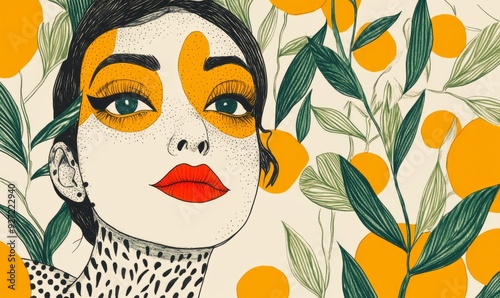 illustration of a mixed race Indian girl, hand drawn, colourful art, Indian queen, painted woman, graphic design background, drawing, watercolour, citrus, art deco, red lips, close up, fashion, 
