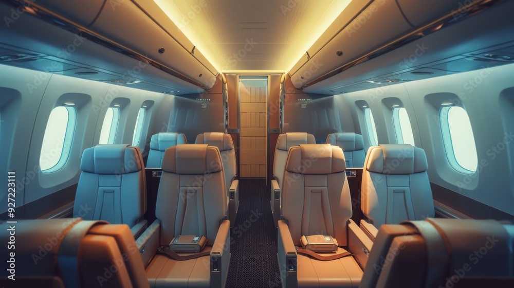 Fototapeta premium A plush, modern airplane cabin bathed in warm ambient light, showcasing luxury seating and spacious legroom.