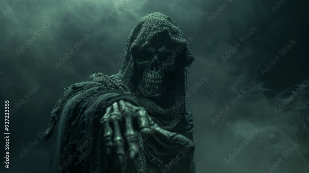 A grim reaper figure is shown against a dark, misty background. A grim reaper figure is shown against a dark, misty background.