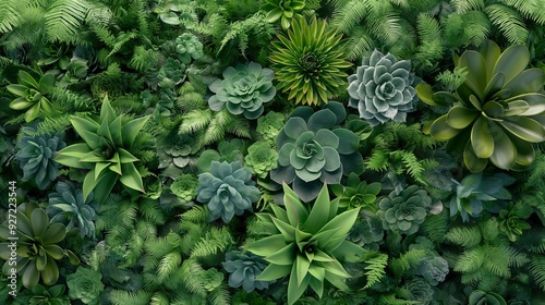 A top view 3D visualization of a lush vertical garden with a variety of green succulents and ferns, intricately arranged for a dense green wall texture.