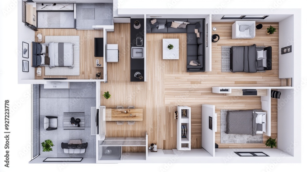 3D floor plan of an open concept living apartment, showcasing spacious layout with modern furnishings and sleek design 3D floor plan of an open concept living apartment, showcasing spacious layout with modern furnishings and sleek design