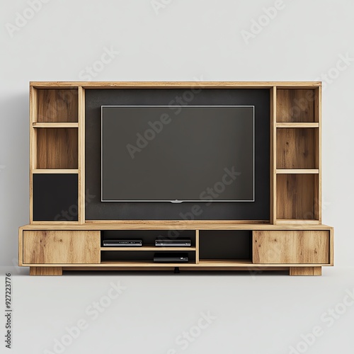 3D model of a minimalist entertainment center, with functional shelving and a simple, sleek design Minimalist Functional, Entertainment center