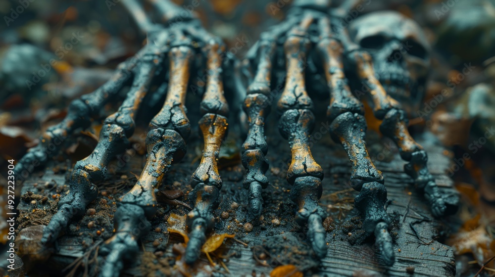 A spooky scene featuring a wooden sign held by skeleton hands A spooky scene featuring a wooden sign held by skeleton hands