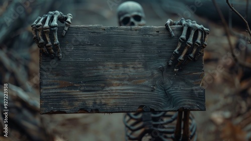 A spooky scene featuring a wooden sign held by skeleton hands