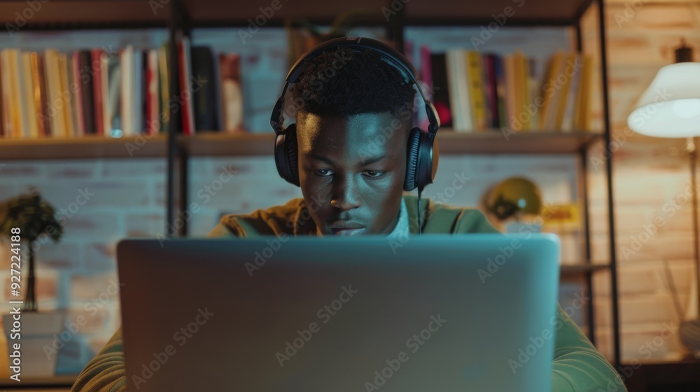 A young man wearing headphones intently concentrating on his laptop screen in a cozy room with bookshelves and warm lighting, creating a focused atmosphere. A young man wearing headphones intently concentrating on his laptop screen in a cozy room with bookshelves and warm lighting, creating a focused atmosphere.
