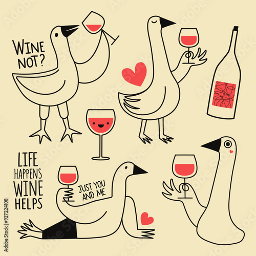 Funny vector illustration set with gooses, wine glass and funny inspiring to drink wine phrases. Cute party print designs, romantic greeting card, home wall decoration poster, sticker pack collection