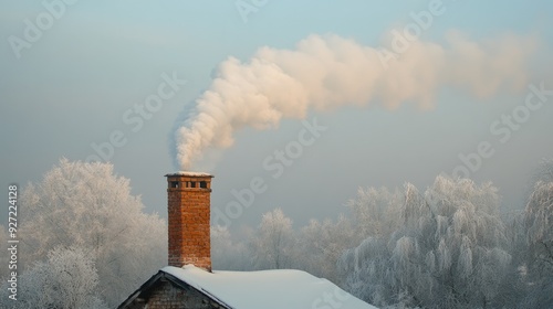 Brick chimney with smoke rising. Perfect for illustrating the concept of warmth and cozy living on a cold day.