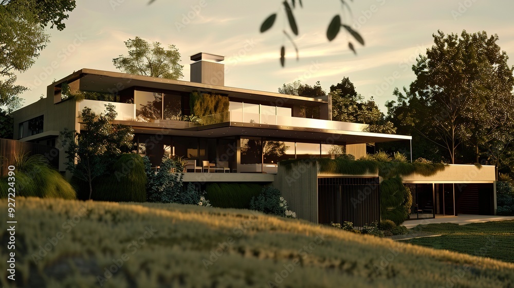 Fototapeta premium Modern house with large windows and a green roof, surrounded by trees.