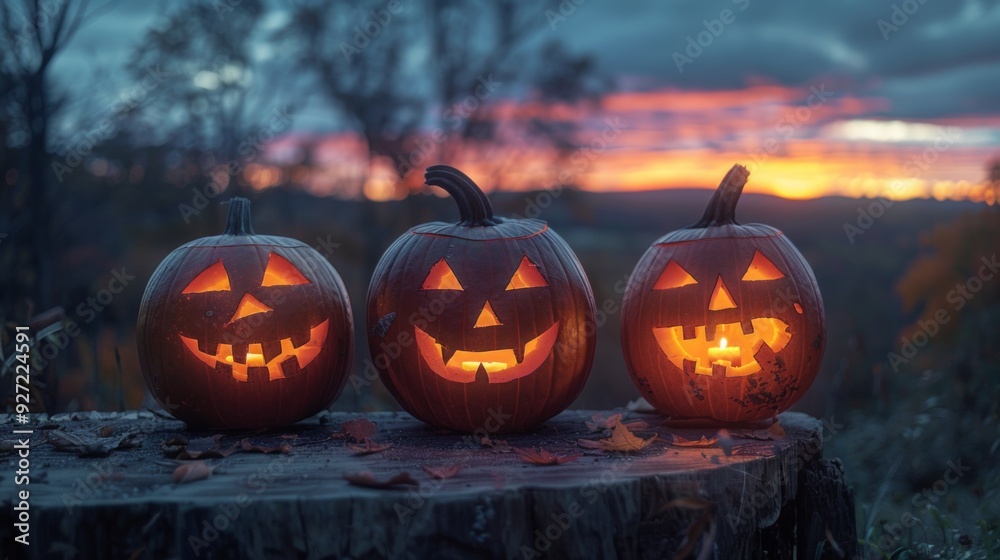 Three Jack-o'-lanterns of varying sizes are sitting on a wooden surface at sunset Three Jack-o'-lanterns of varying sizes are sitting on a wooden surface at sunset