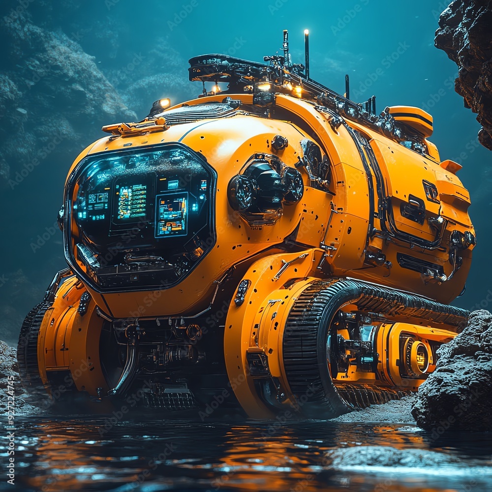 Artistic rendering of machinery designed for underwater exploration, equipped with advanced sensors and AI Innovative Machinery, Underwater exploration Artistic rendering of machinery designed for underwater exploration, equipped with advanced sensors and AI Innovative Machinery, Underwater exploration