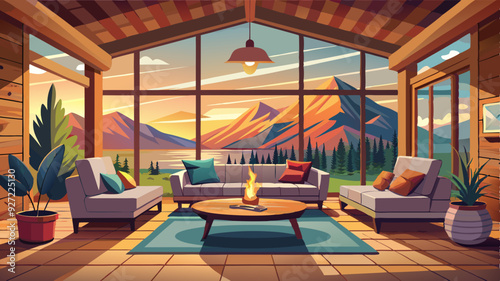 A cozy and rustic living room with a large sectional sofa, a wooden coffee table, and a fireplace surrounded by large windows overlooking a scenic mountain landscape at sunset