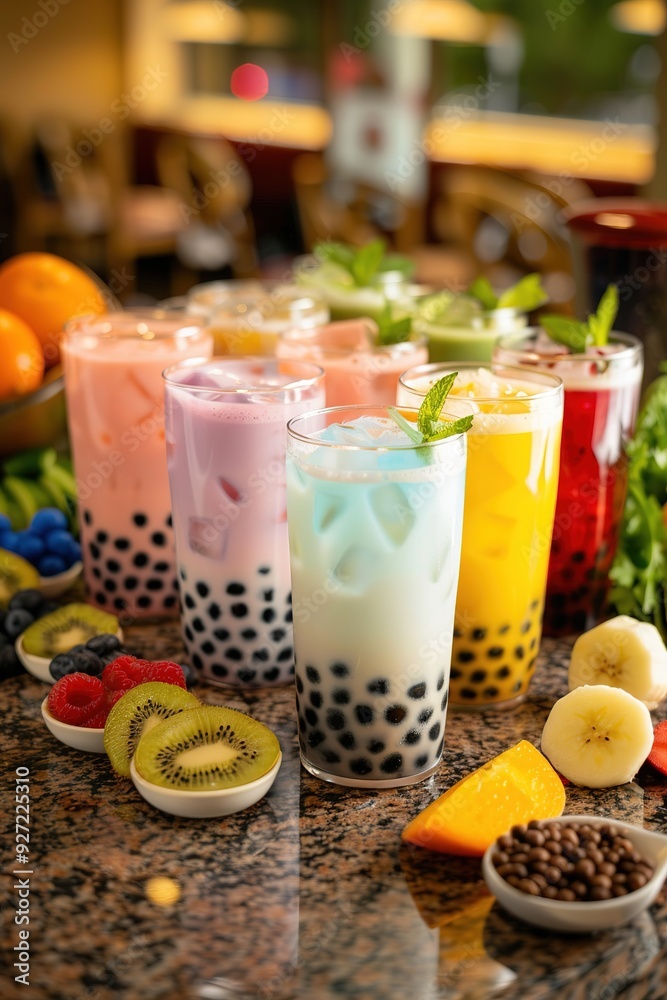 Colorful bubble tea drinks in plastic cups with fruit and tapioca pearls, garnished with mint leaves and surrounded by fresh berries Colorful bubble tea drinks in plastic cups with fruit and tapioca pearls, garnished with mint leaves and surrounded by fresh berries