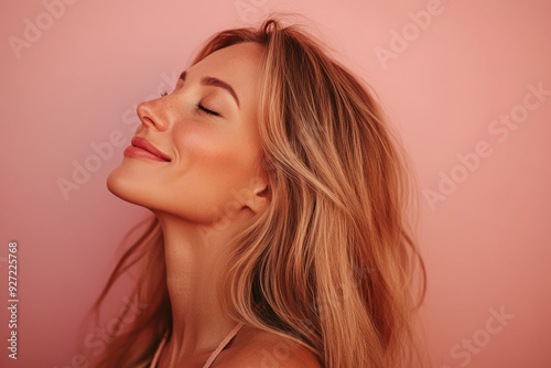 A close up of a woman's face with her eyes closed and long blond hair