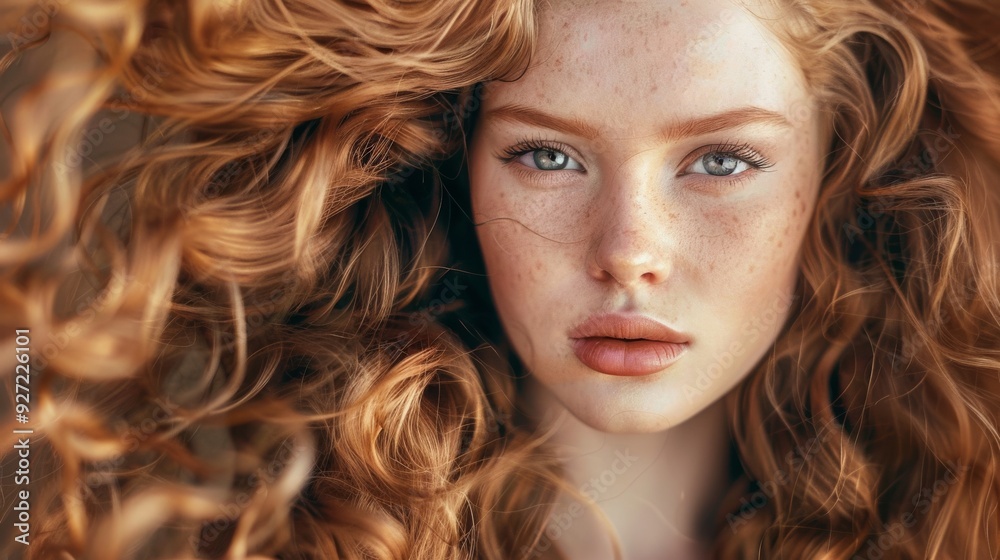 A portrait of a young woman with flowing red hair and captivating blue eyes, surrounded by a halo of curls, highlighting her serene and confident expression. A portrait of a young woman with flowing red hair and captivating blue eyes, surrounded by a halo of curls, highlighting her serene and confident expression.