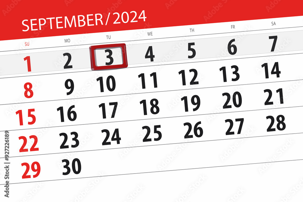 Fototapeta premium Calendar 2024, deadline, day, month, page, organizer, date, September, tuesday, number 3
