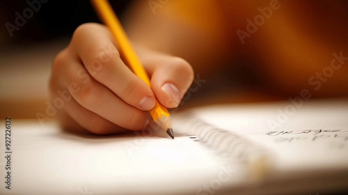 A person is writing with a yellow pencil on a piece of paper