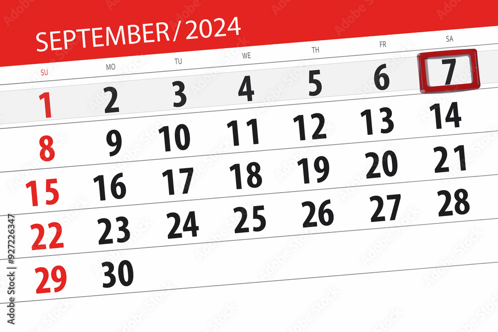 Fototapeta premium Calendar 2024, deadline, day, month, page, organizer, date, September, saturday, number 7