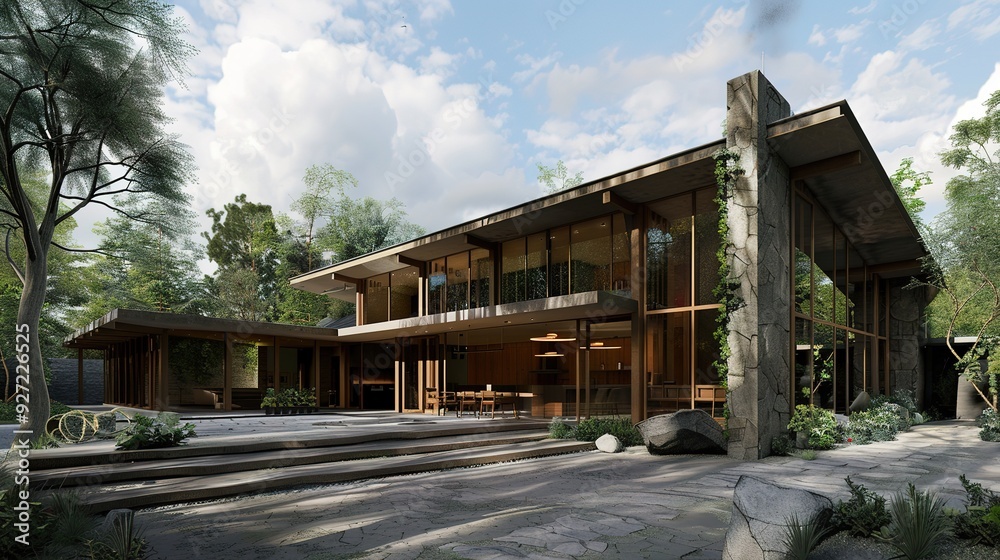 Modern house with large windows and stone exterior in a lush green landscape. Modern house with large windows and stone exterior in a lush green landscape.
